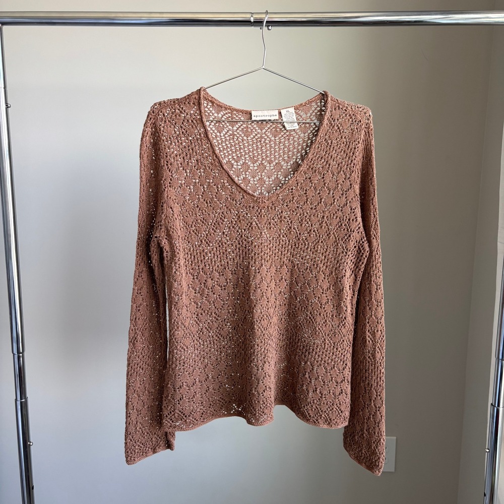 90s Vintage Apostrophe Crochet Knit Top Sweater XL Earthy Boho Romantic Chic